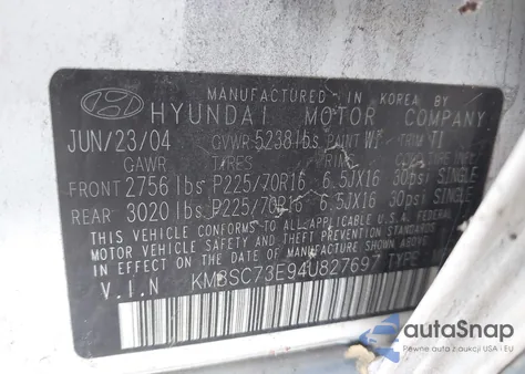 2004 Hyundai Santa Fe Gls/Lx z USA, uszkodzony, nr VIN KM8SC73E94U827697